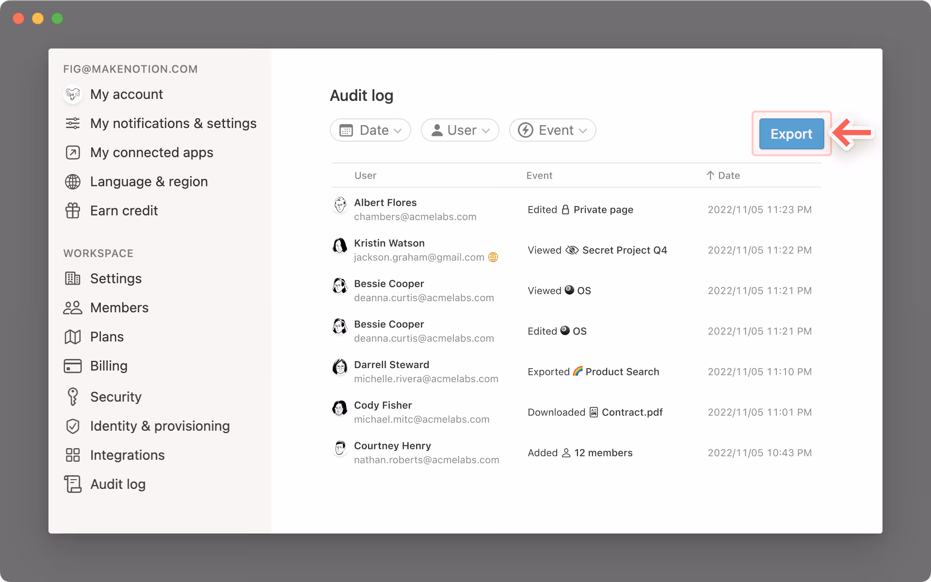 Exportation du journal d’audit