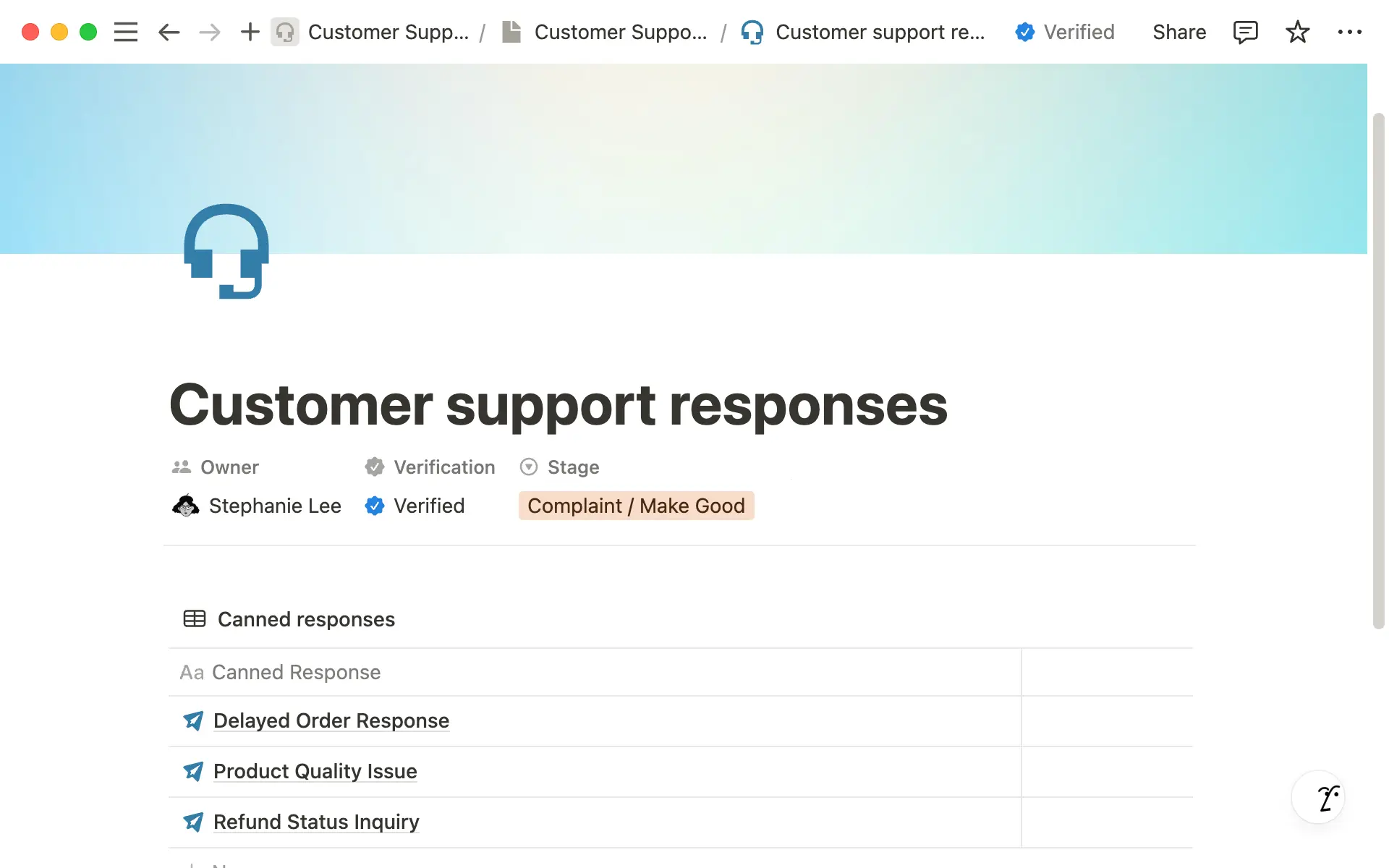 Teams can mark process pages as verified to let everyone know they are looking at the source of truth.