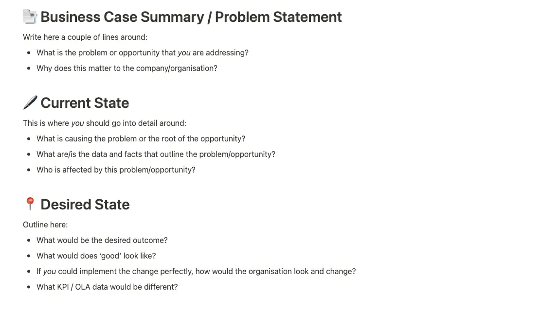 Business case template on Notion