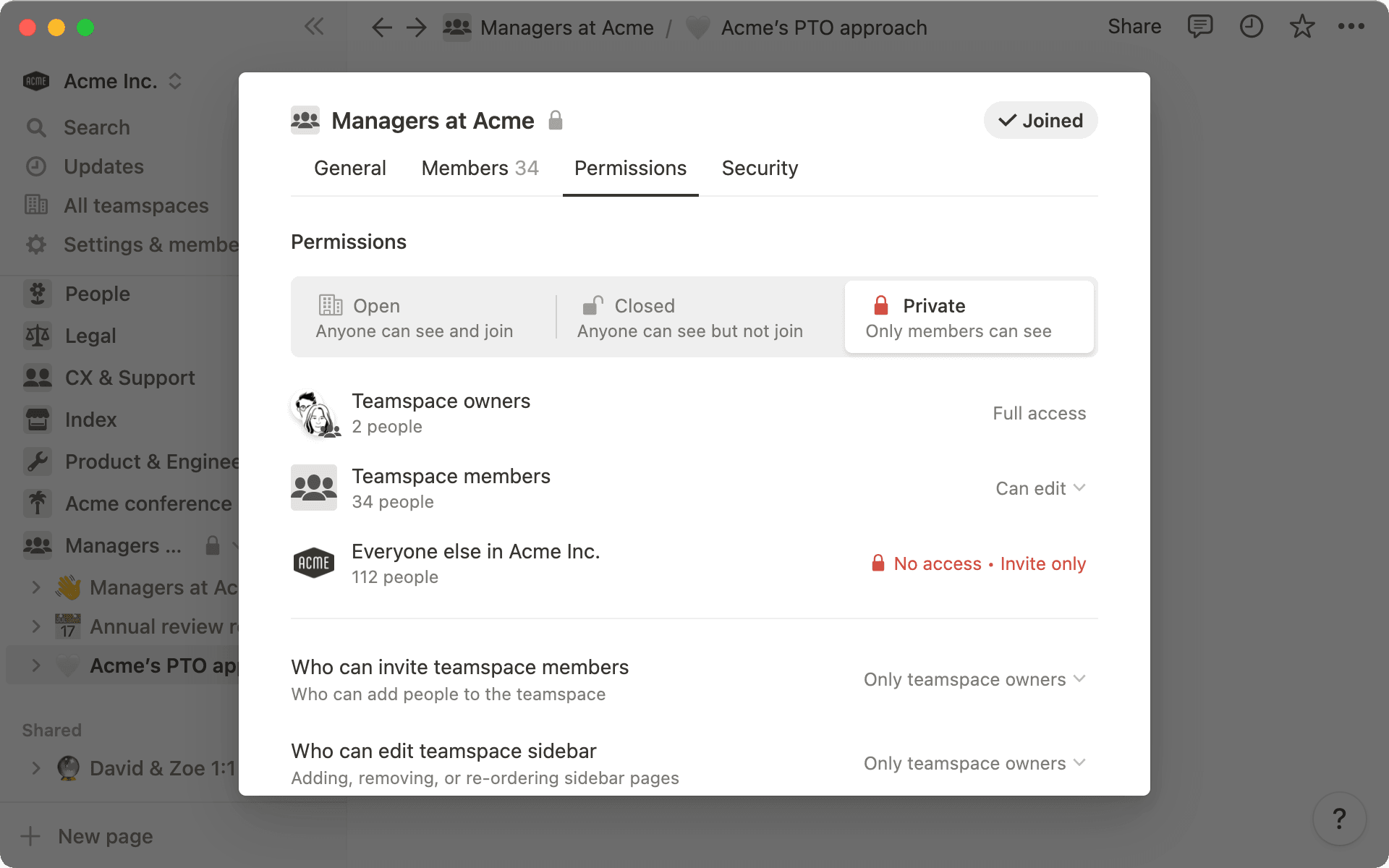 Create custom permission settings to suit your needs — all pages in your teamspace will inherit these settings.