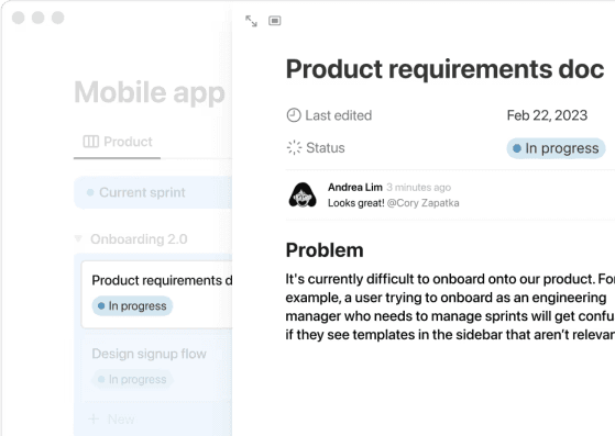 A product requirements document that’s linked to a project task in Notion.