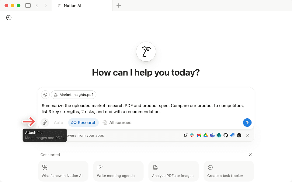 Upload market research, product specs, or snapshots for Research Mode to include in its output.
