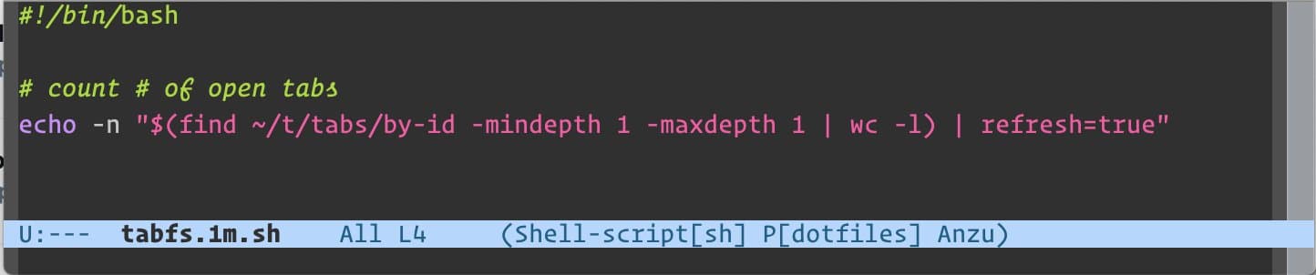 @rsnous: "made a little BitBar (?) script using TabFS to show me the number of open tabs (updating every minute & when I click)" Image from Twitter.
