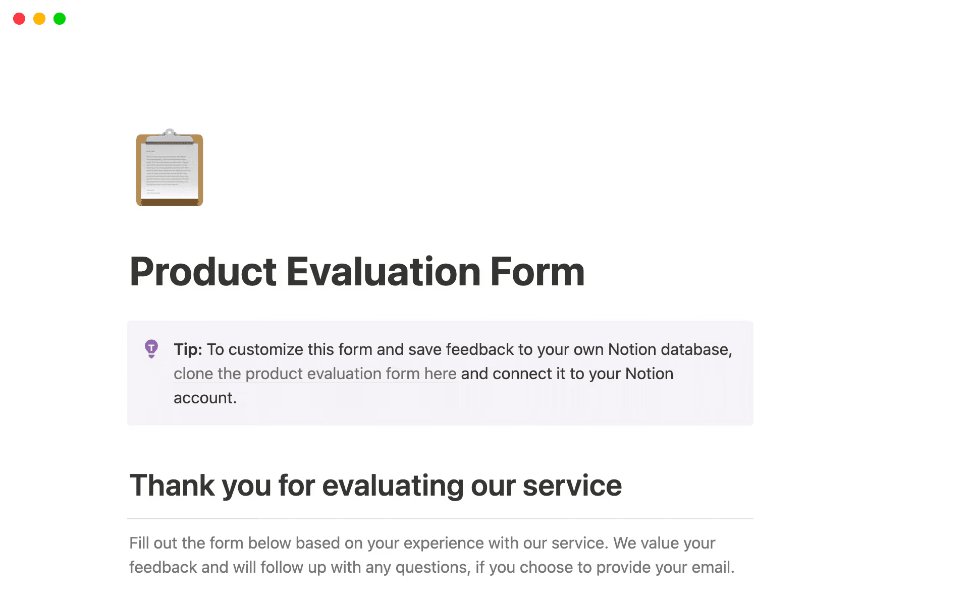 Notion’s product evaluation form template