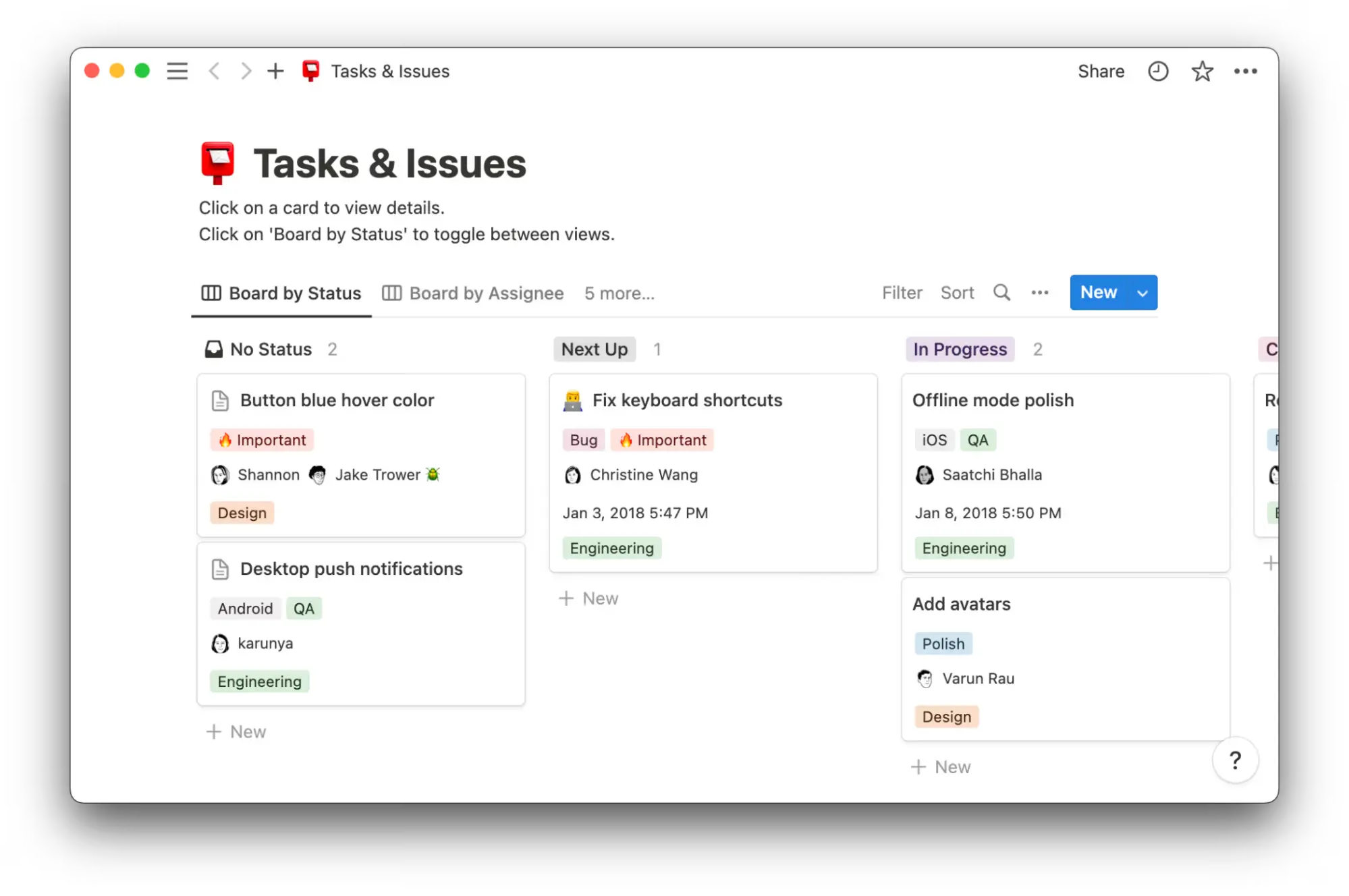 A Notion template that shows tasks and issues on a Kanban board