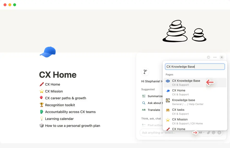 Select the page or source you want Notion AI to analyze for a specific answer.