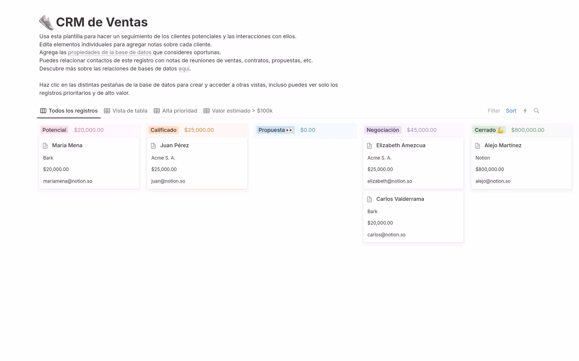 Vista previa de una plantilla para CRM de Ventas